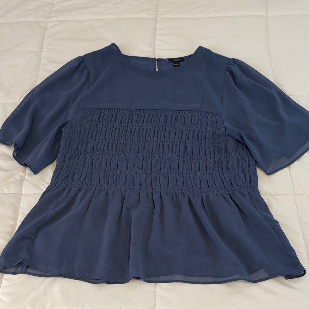 Ann Taylor Blue Smocked Short Sleeve Blouse